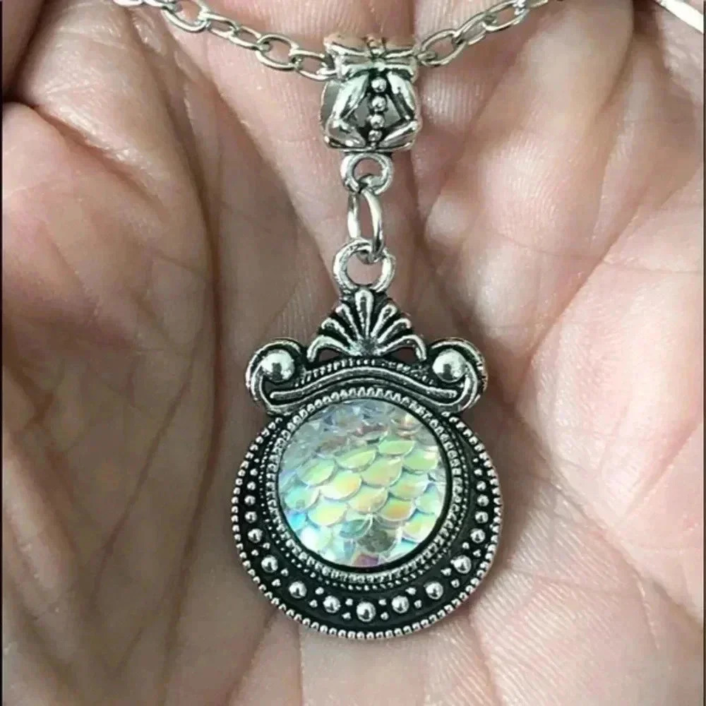 Mermaid Scale Beach Iridescent Round Circle Pendant Stainless Steel Necklace 6